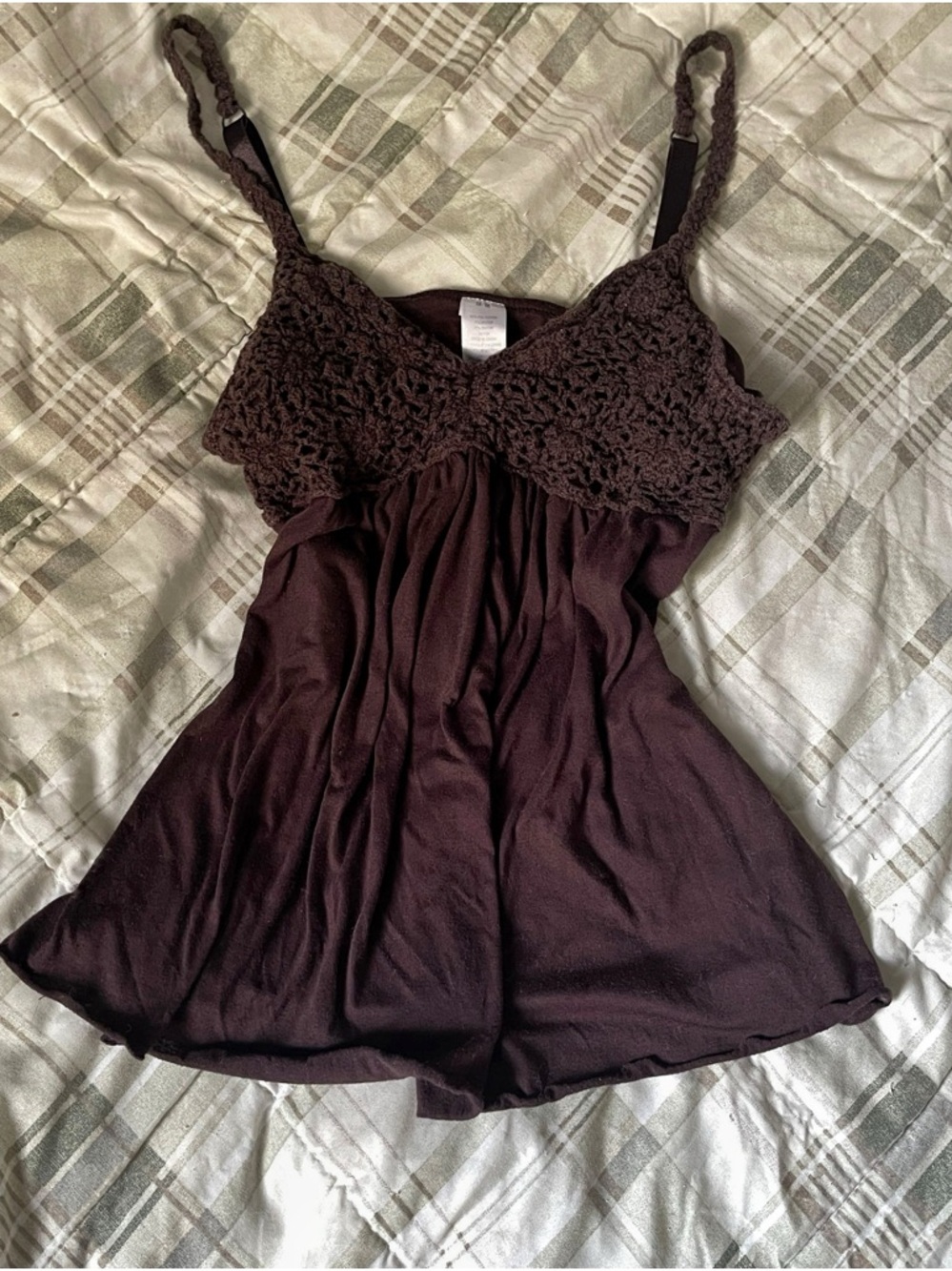 Brown Crochet-Detail Babydoll Camisole Top